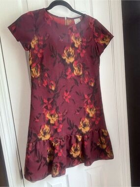 Burgundy Floral Ruffle Hem Dress